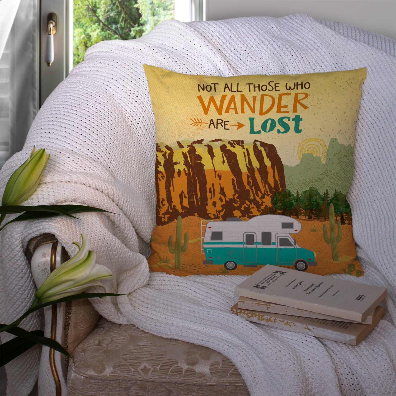 RV Camper Camping Wander Decorative Throw Pillow 14x14 Indoor Outdoor Accent Cushion, Fabric Cover with Insert for Sofa, Bed, Porch & Living Room