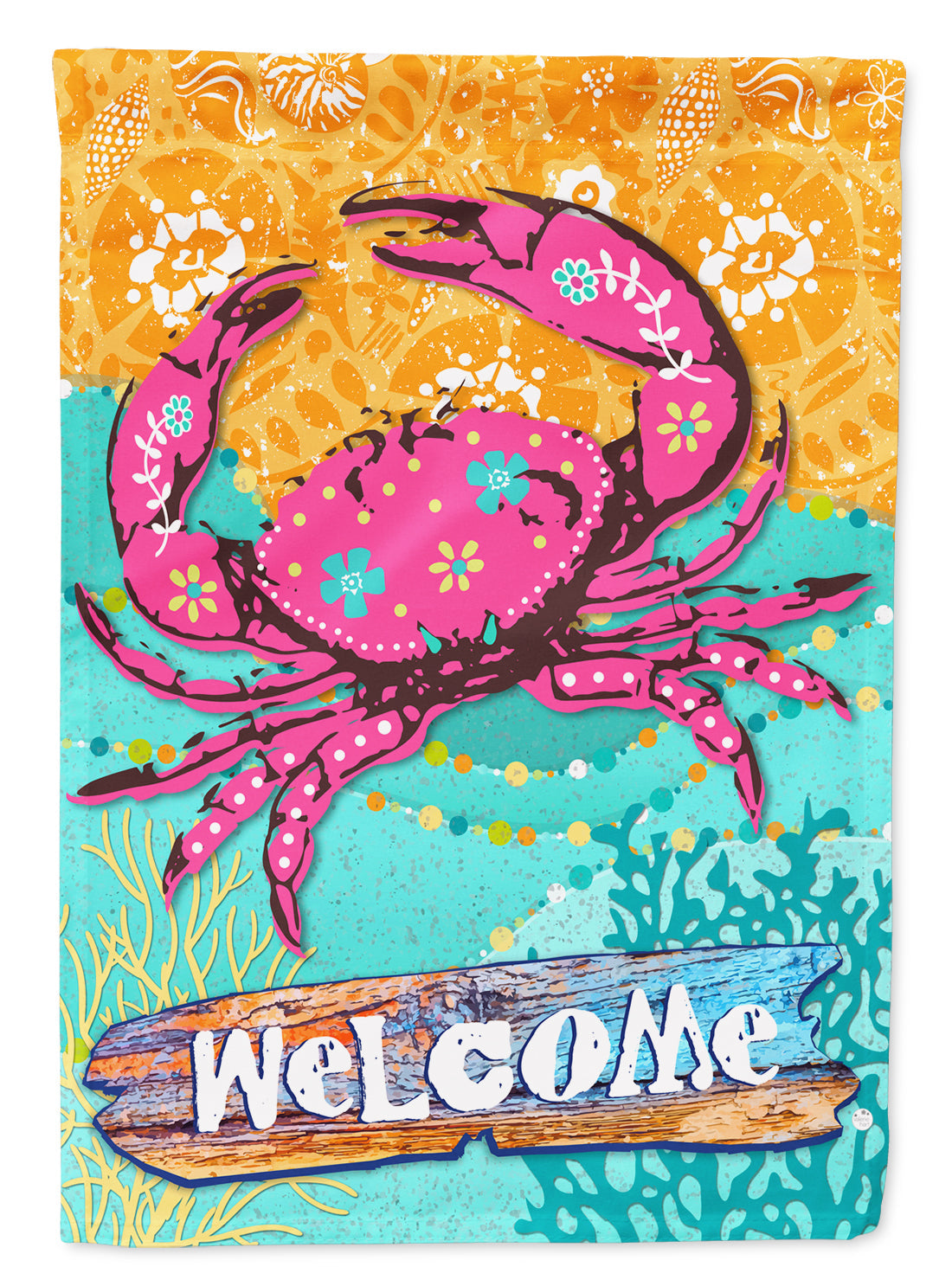 Coastal Pink Crab House Flag 28x40 Porch Sleeve Pole Decorative Outside Yard Banner Artwork Wall Hanging, Polyester
