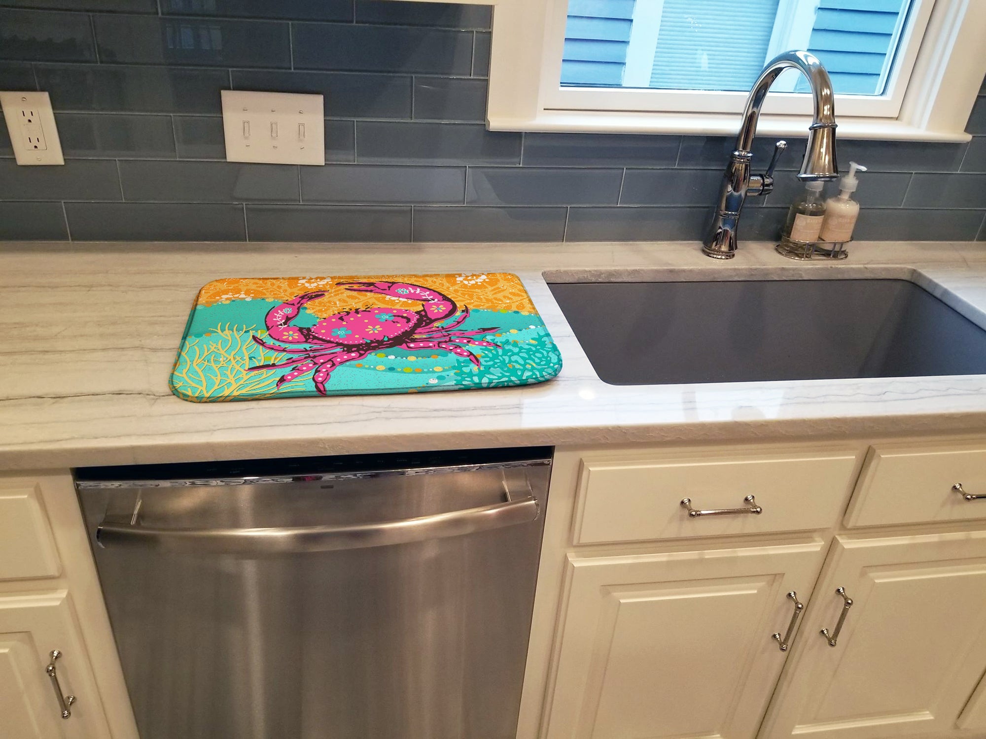 Coastal Pink Crab Dish Drying Mat Absorbent Dish Drying Mat Pad for Kitchen Counter Dish Drainer Mat for Countertop, 14 x 21", Multicolor