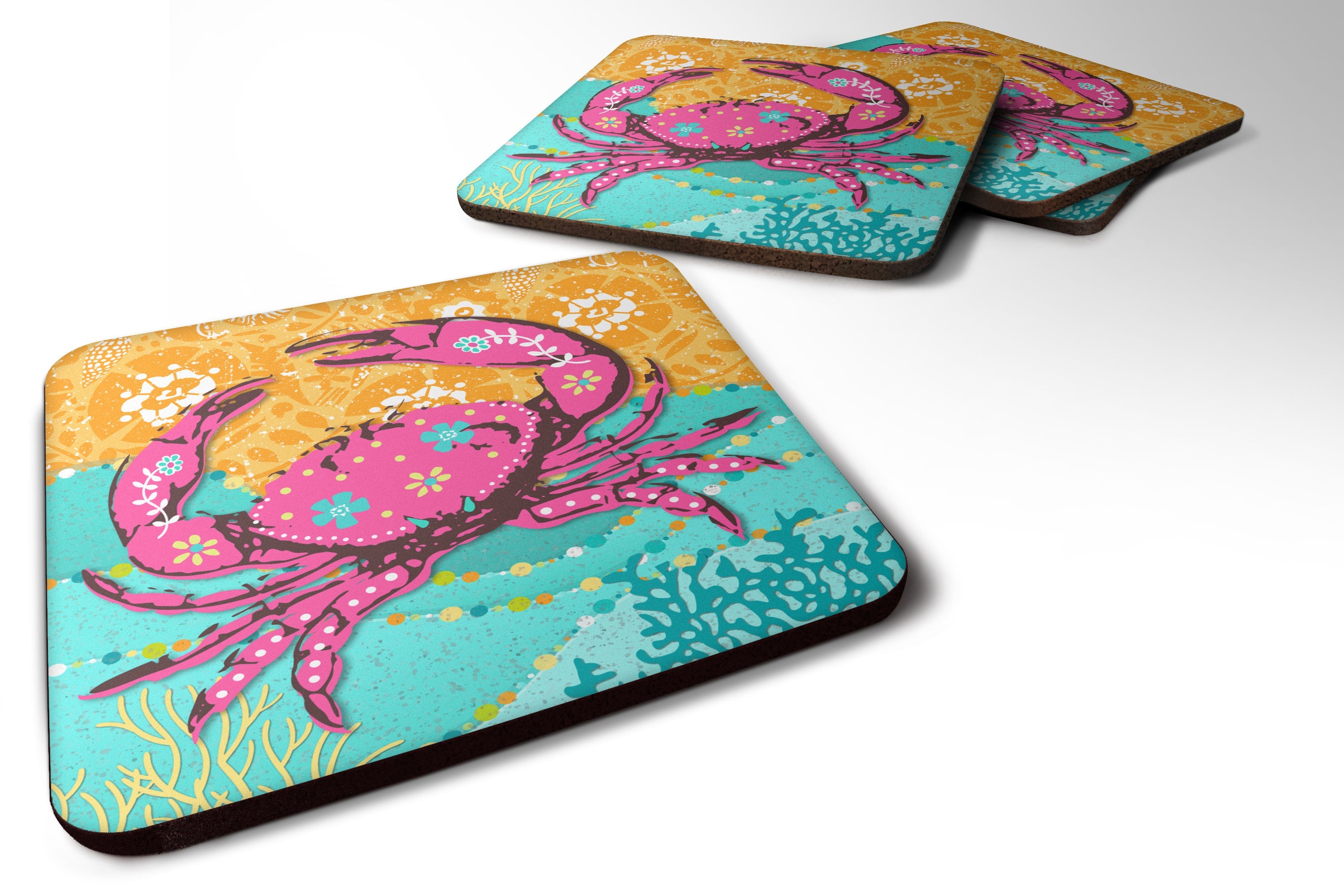 Coastal Pink Crab Foam Coasters Set of 4 Cup Coasters for Indoor Outdoor, Tabletop Protection, Anti Slip, Mouse pad Material