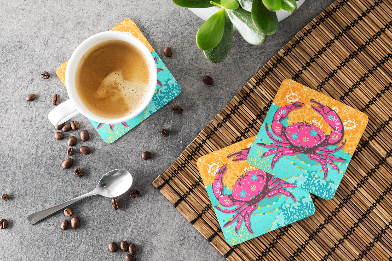 Coastal Pink Crab Foam Coasters Set of 4 Cup Coasters for Indoor Outdoor, Tabletop Protection, Anti Slip, Mouse pad Material