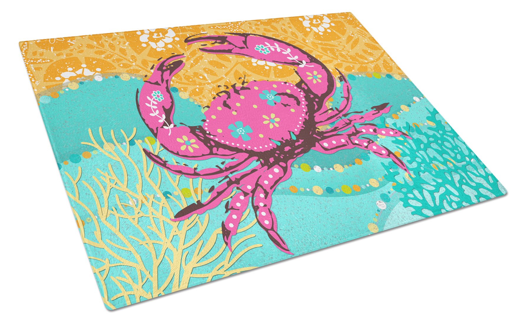 Coastal Pink Crab Cutting Board Tempered Glass Kitchen Cutting Surface, Heat Resistant Chopping, Non-Slip Feet, Food Prep & Serving
