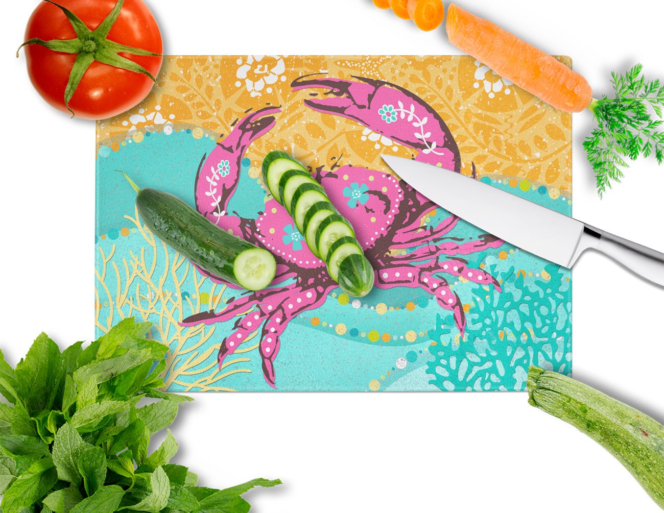 Coastal Pink Crab Cutting Board Tempered Glass Kitchen Cutting Surface, Heat Resistant Chopping, Non-Slip Feet, Food Prep & Serving