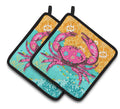 Coastal Pink Crab Pot Holder Set of 2 Heat Resistant Quilted Hot Pads 7.5 x 7.5 Inch, Insulated Kitchen Trivets for Cooking & Baking