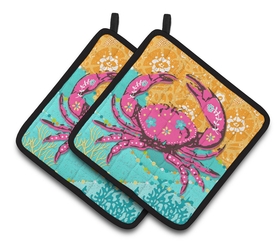 Coastal Pink Crab Pot Holder Set of 2 Heat Resistant Quilted Hot Pads 7.5 x 7.5 Inch, Insulated Kitchen Trivets for Cooking & Baking