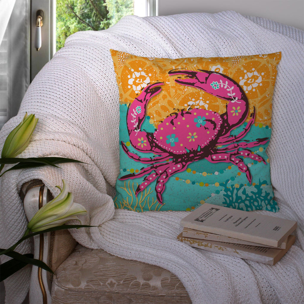 Coastal Pink Crab Decorative Throw Pillow 14x14 Indoor Outdoor Accent Cushion, Fabric Cover with Insert for Sofa, Bed, Porch & Living Room
