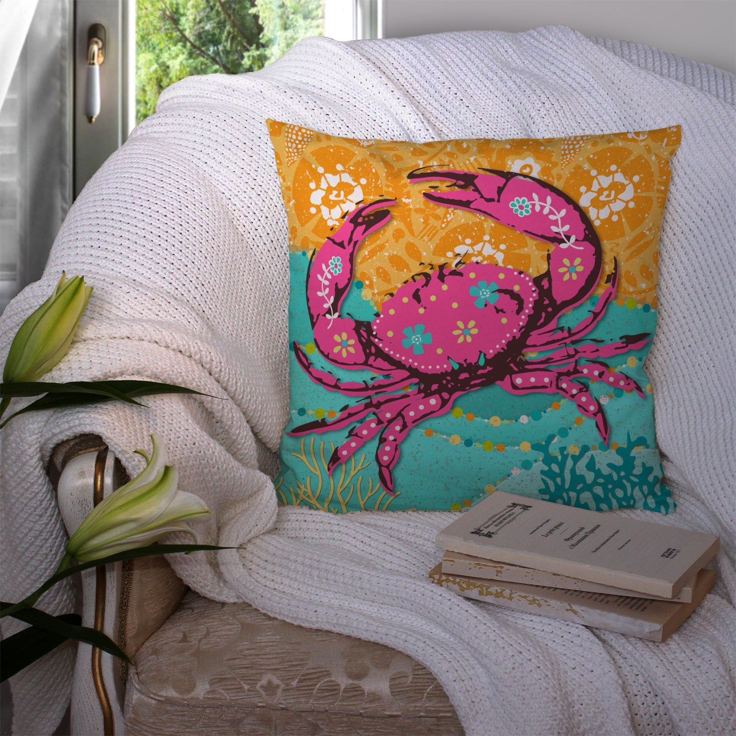 Coastal Pink Crab Decorative Throw Pillow 14x14 Indoor Outdoor Accent Cushion, Fabric Cover with Insert for Sofa, Bed, Porch & Living Room