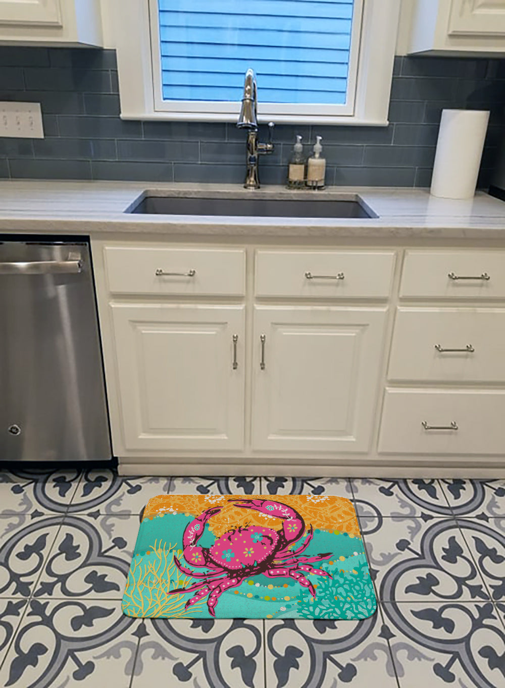 Coastal Pink Crab Memory Foam Kitchen Mat Machine Washable Anti-Fatigue Cushion Comfort Bath or Kitchen Rug