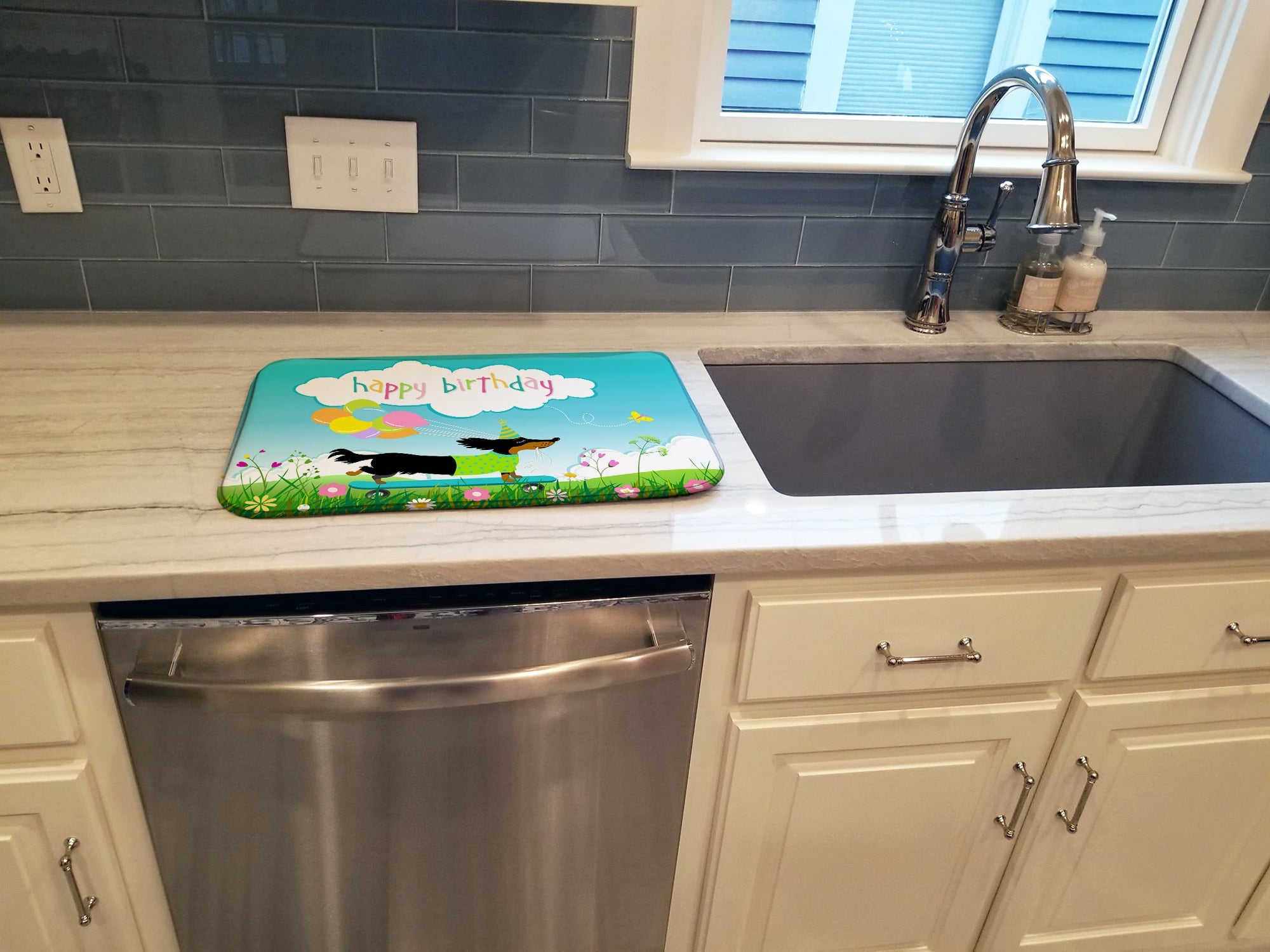 Happy Birthday Dachshund Dish Drying Mat Absorbent Dish Drying Mat Pad for Kitchen Counter Dish Drainer Mat for Countertop, 14 x 21", Multicolor