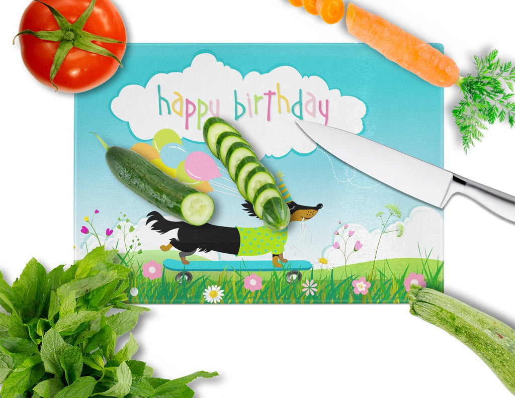 Happy Birthday Dachshund Cutting Board Tempered Glass Kitchen Cutting Surface, Heat Resistant Chopping, Non-Slip Feet, Food Prep & Serving