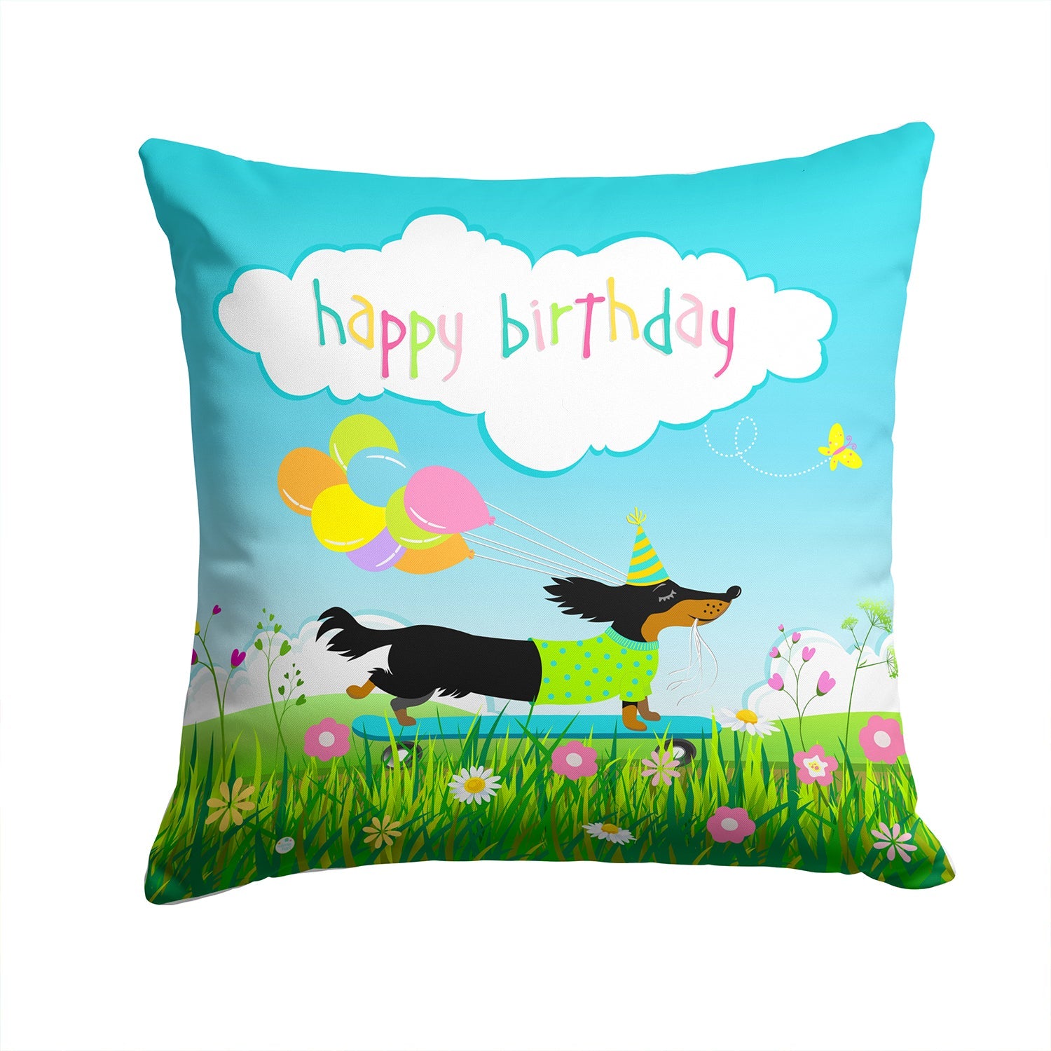 Happy Birthday Dachshund Decorative Throw Pillow 14x14 Indoor Outdoor Accent Cushion, Fabric Cover with Insert for Sofa, Bed, Porch & Living Room