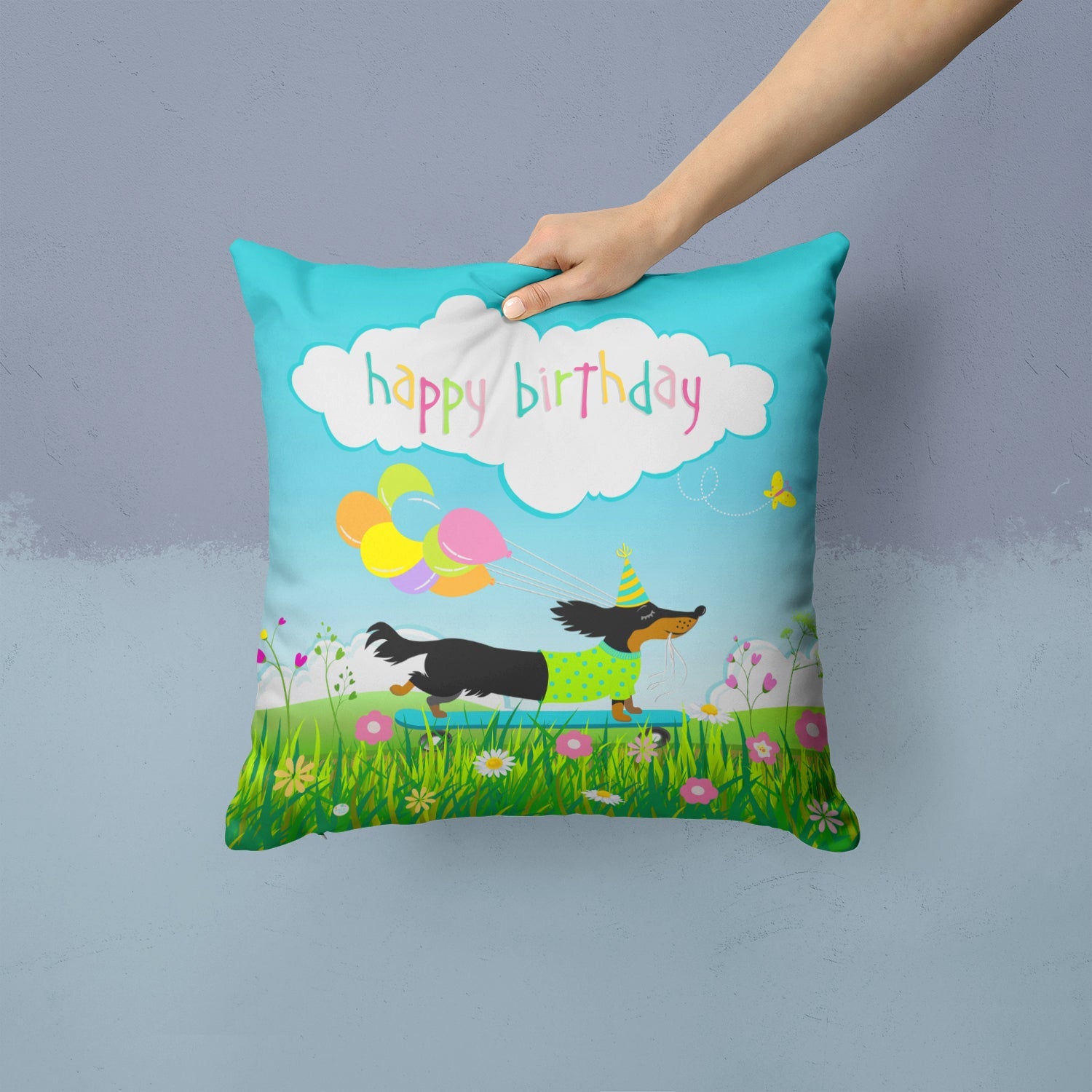 Happy Birthday Dachshund Decorative Throw Pillow 14x14 Indoor Outdoor Accent Cushion, Fabric Cover with Insert for Sofa, Bed, Porch & Living Room