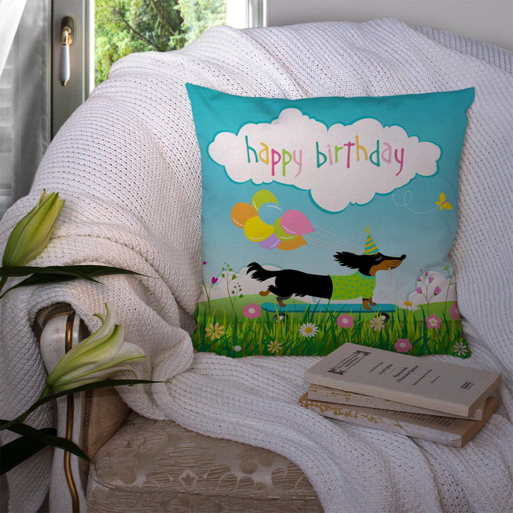 Happy Birthday Dachshund Decorative Throw Pillow 14x14 Indoor Outdoor Accent Cushion, Fabric Cover with Insert for Sofa, Bed, Porch & Living Room