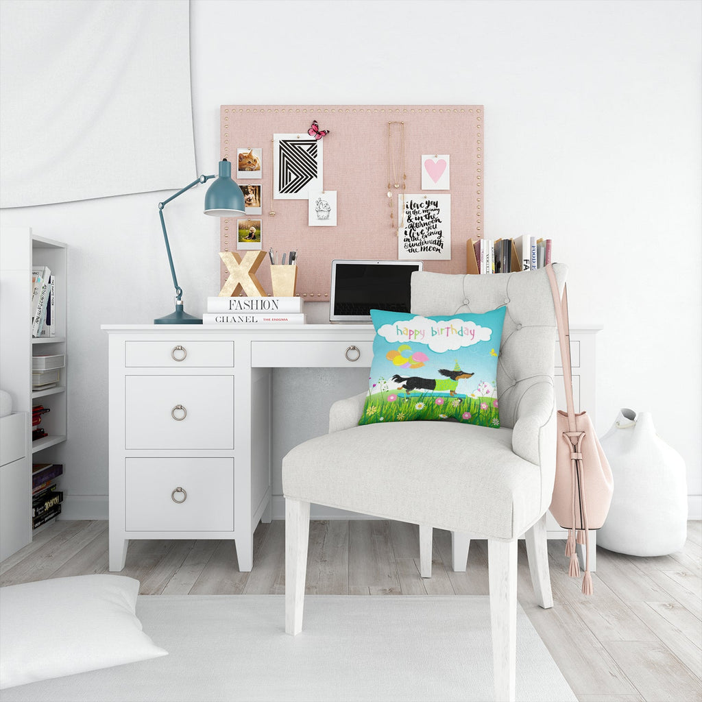 Happy Birthday Dachshund Decorative Throw Pillow 14x14 Indoor Outdoor Accent Cushion, Fabric Cover with Insert for Sofa, Bed, Porch & Living Room