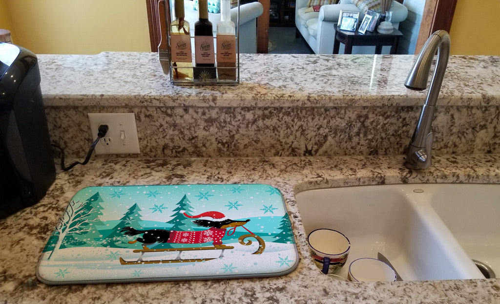 Merry Christmas Dachshund Dish Drying Mat Absorbent Dish Drying Mat Pad for Kitchen Counter Dish Drainer Mat for Countertop, 14 x 21", Multicolor