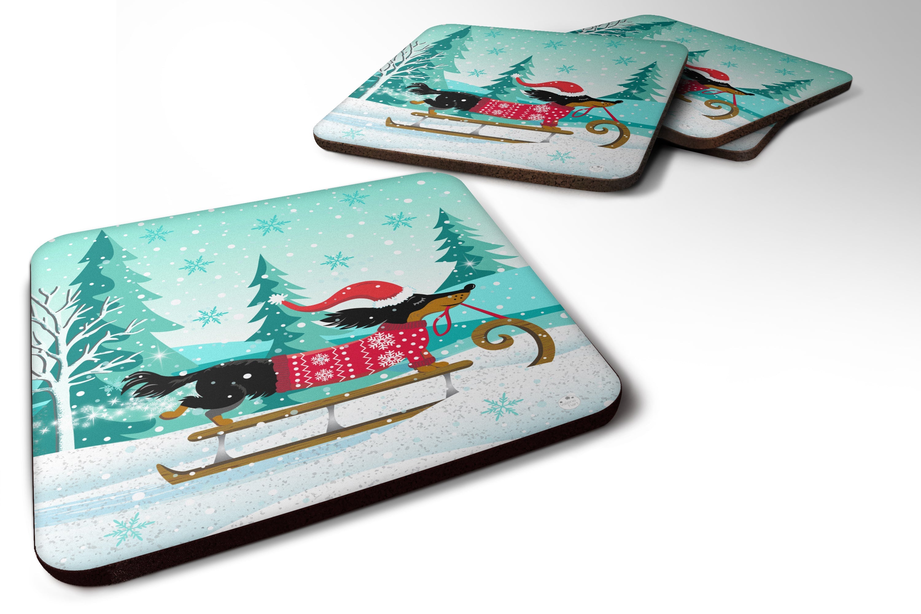 Merry Christmas Dachshund Foam Coasters Set of 4 Cup Coasters for Indoor Outdoor, Tabletop Protection, Anti Slip, Mouse pad Material