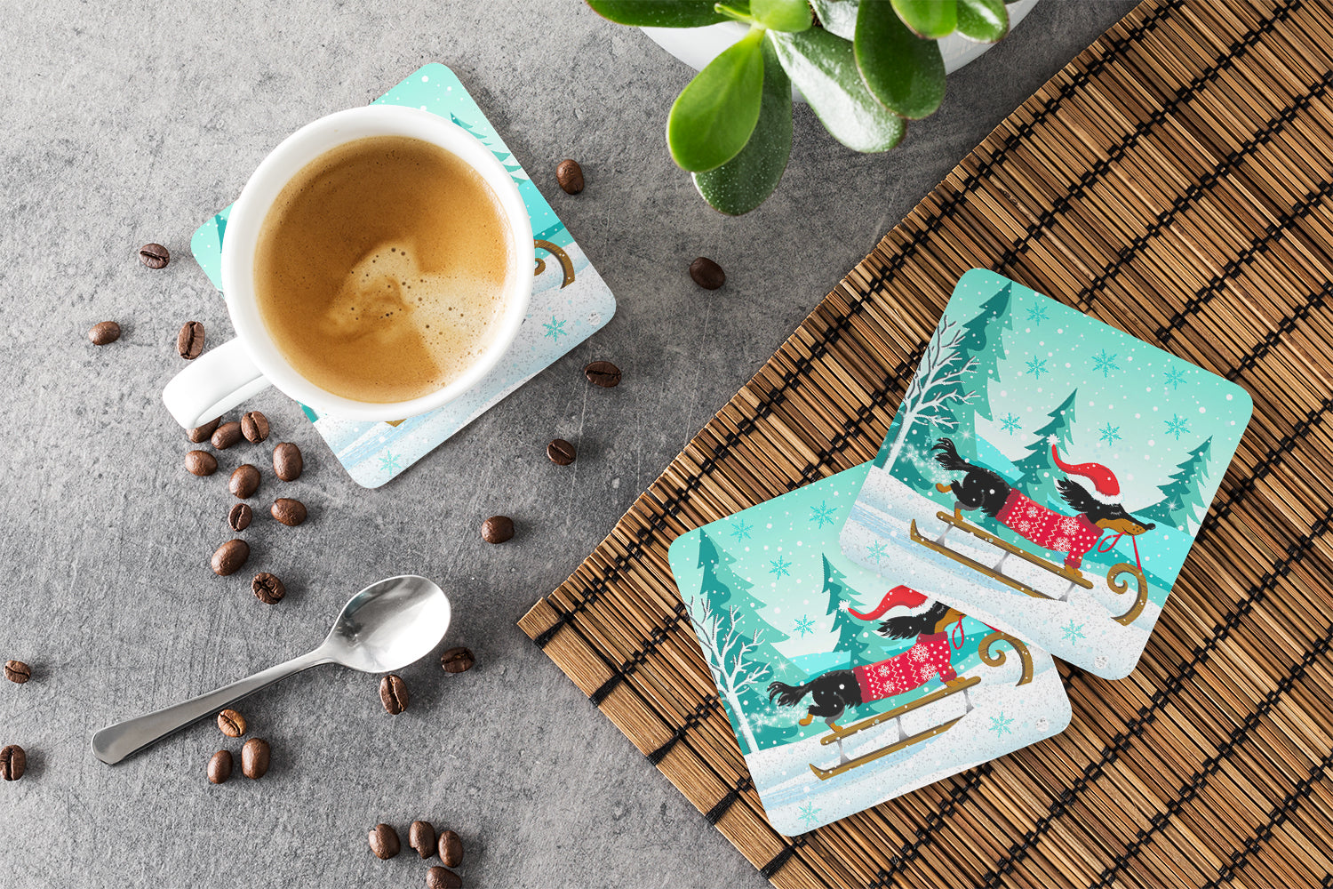 Merry Christmas Dachshund Foam Coasters Set of 4 Cup Coasters for Indoor Outdoor, Tabletop Protection, Anti Slip, Mouse pad Material