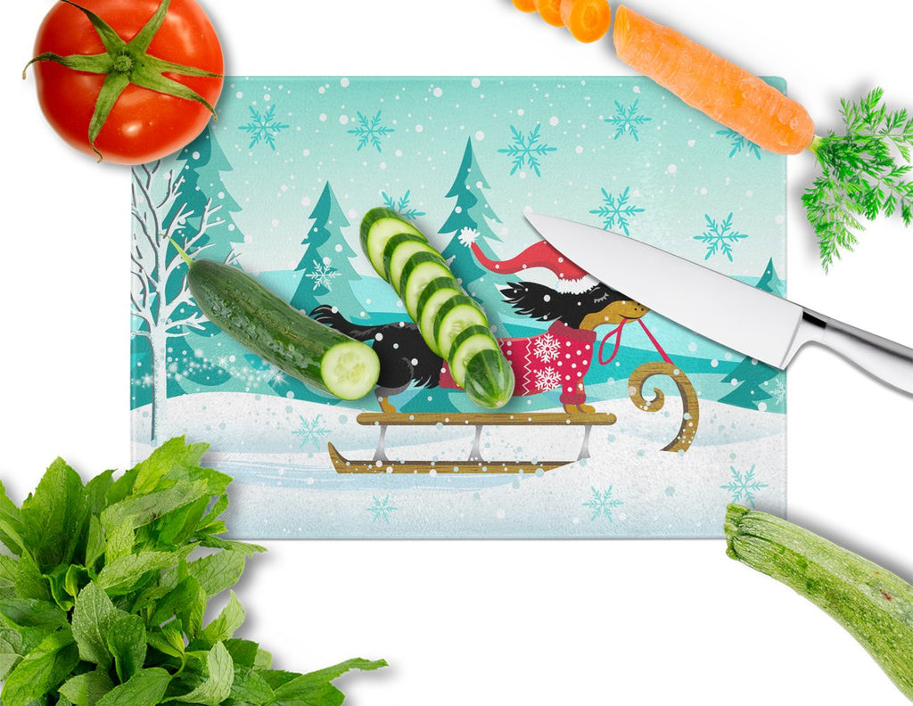 Merry Christmas Dachshund Cutting Board Tempered Glass Kitchen Cutting Surface, Heat Resistant Chopping, Non-Slip Feet, Food Prep & Serving
