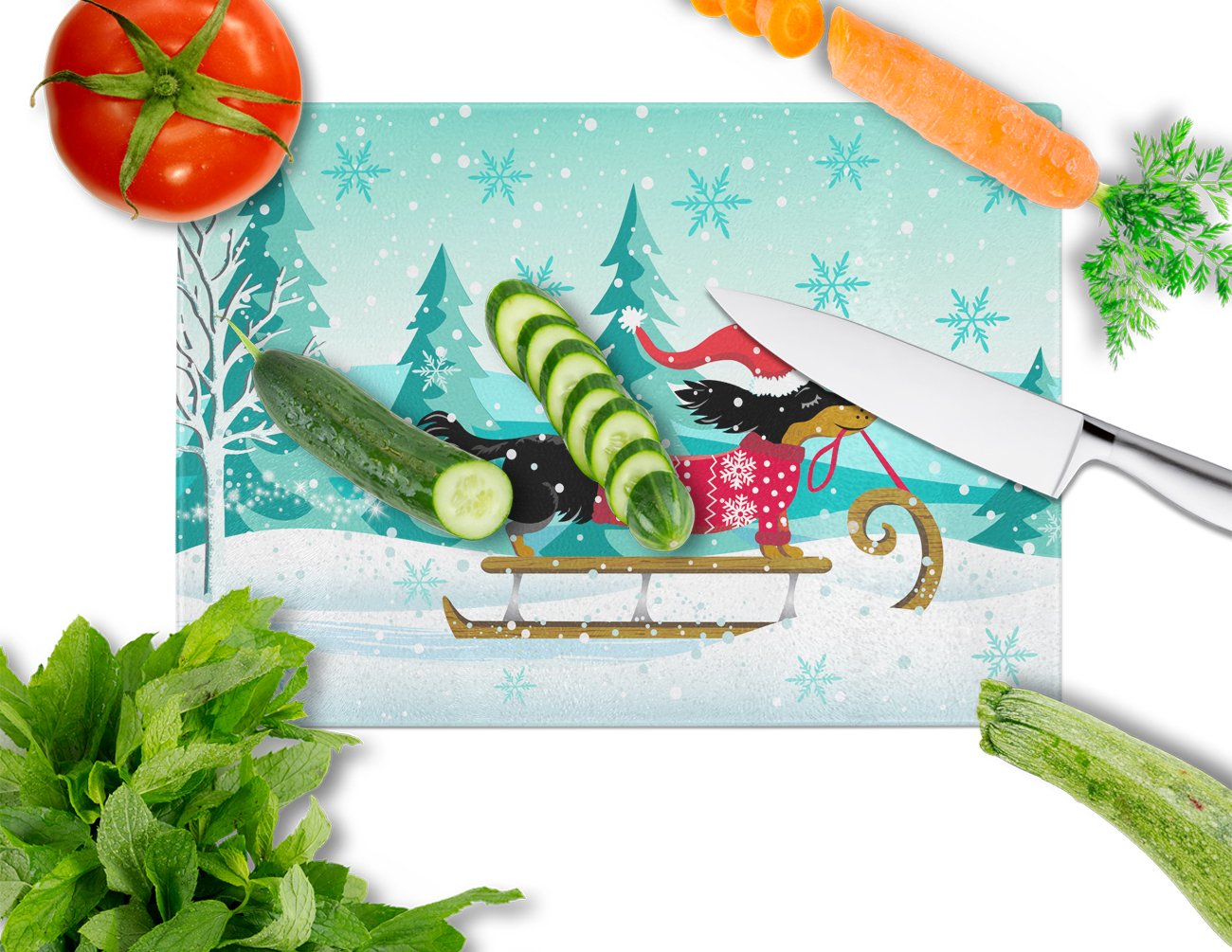 Merry Christmas Dachshund Cutting Board Tempered Glass Kitchen Cutting Surface, Heat Resistant Chopping, Non-Slip Feet, Food Prep & Serving