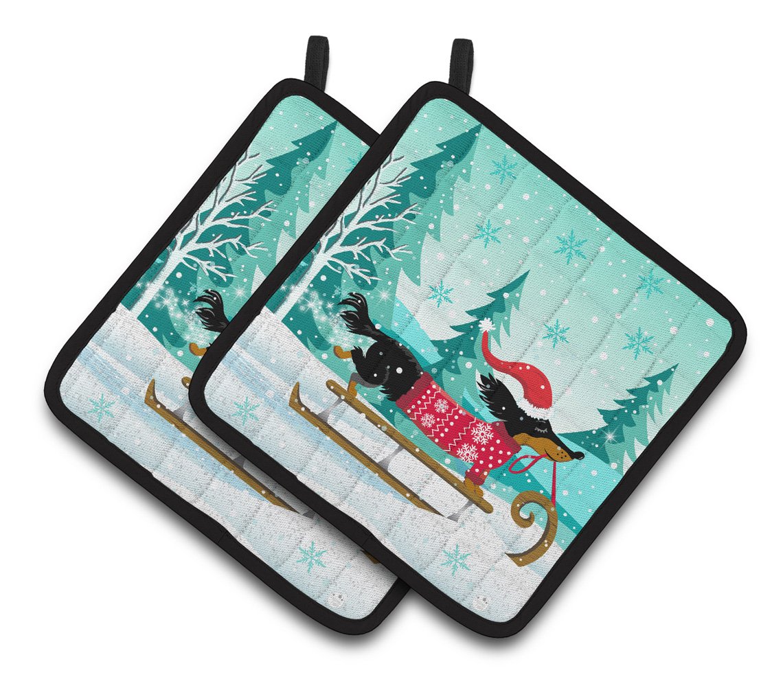 Merry Christmas Dachshund Pot Holder Set of 2 Heat Resistant Quilted Hot Pads 7.5 x 7.5 Inch, Insulated Kitchen Trivets for Cooking & Baking