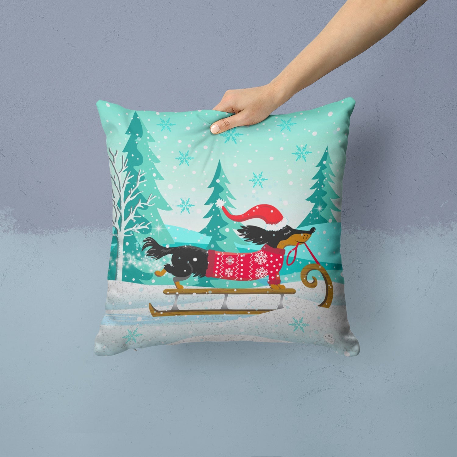 Merry Christmas Dachshund Decorative Throw Pillow 14x14 Indoor Outdoor Accent Cushion, Fabric Cover with Insert for Sofa, Bed, Porch & Living Room