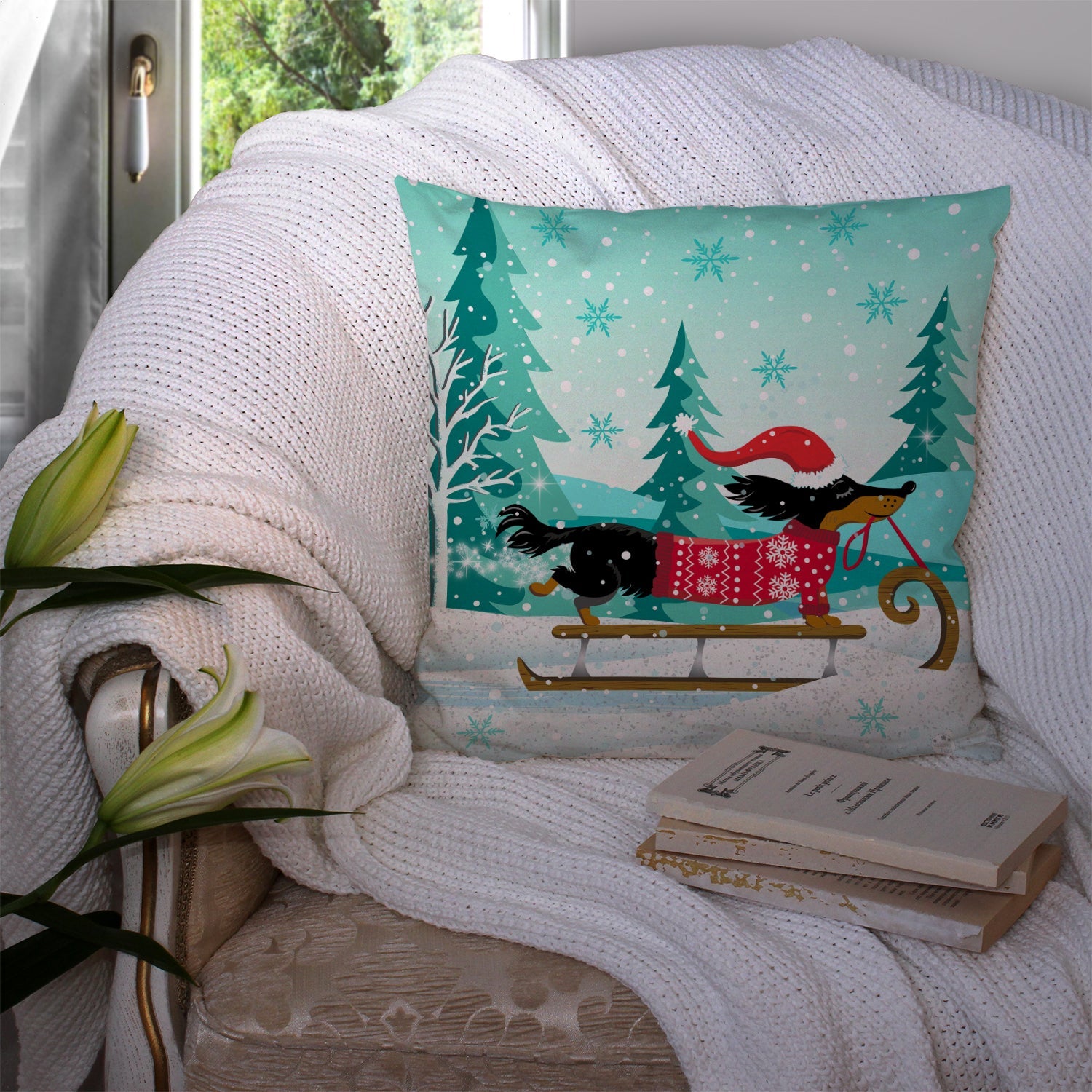 Merry Christmas Dachshund Decorative Throw Pillow 14x14 Indoor Outdoor Accent Cushion, Fabric Cover with Insert for Sofa, Bed, Porch & Living Room