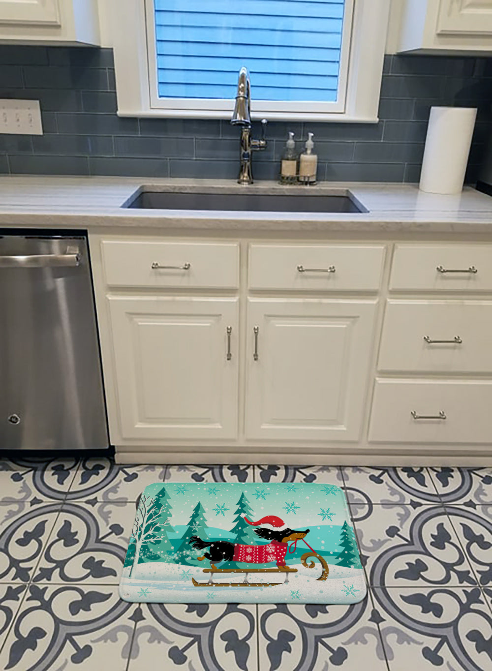 Merry Christmas Dachshund Memory Foam Kitchen Mat Machine Washable Anti-Fatigue Cushion Comfort Bath or Kitchen Rug