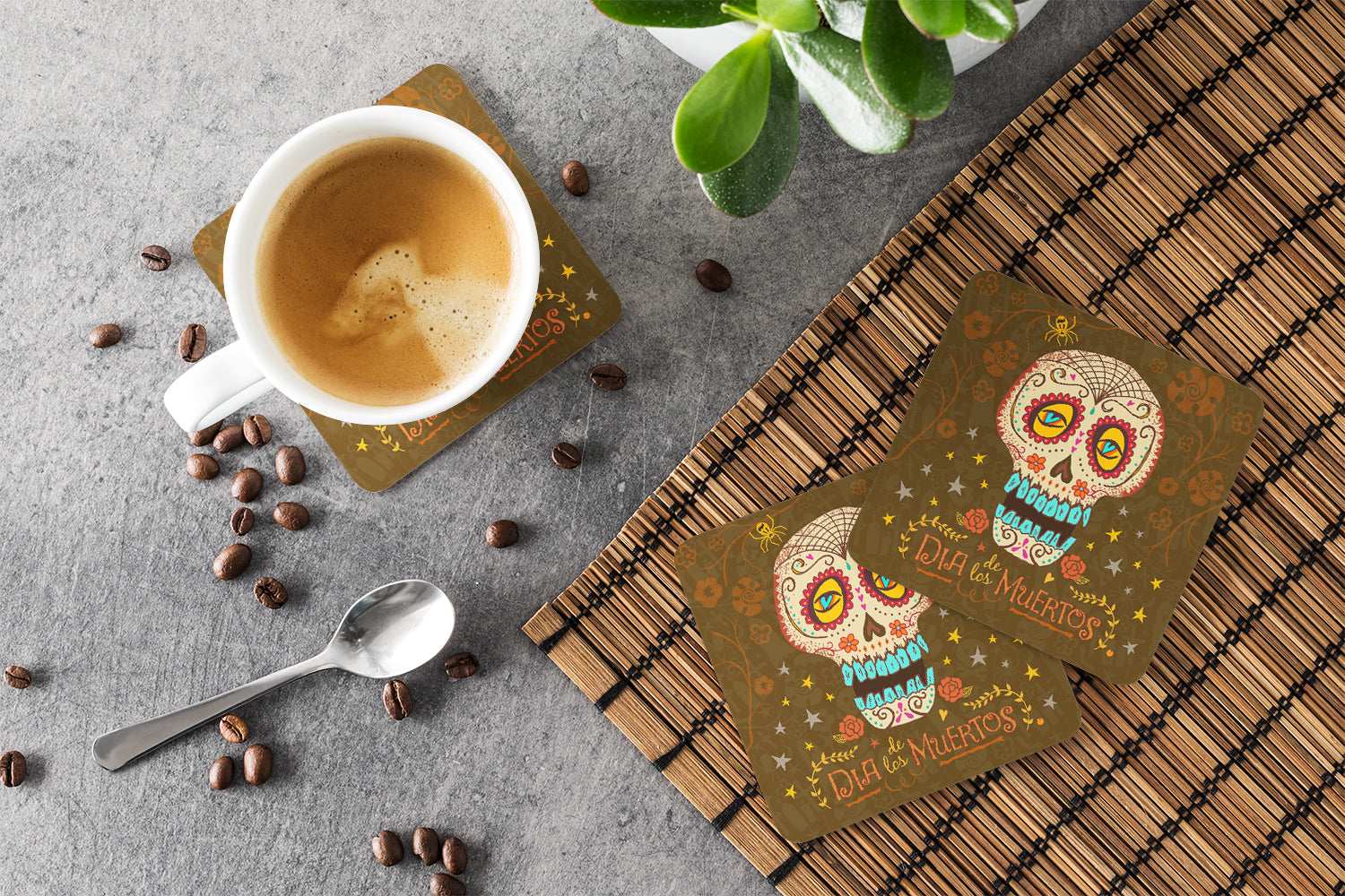 Day of the Dead Foam Coasters Set of 4 Cup Coasters for Indoor Outdoor, Tabletop Protection, Anti Slip, Mouse pad Material