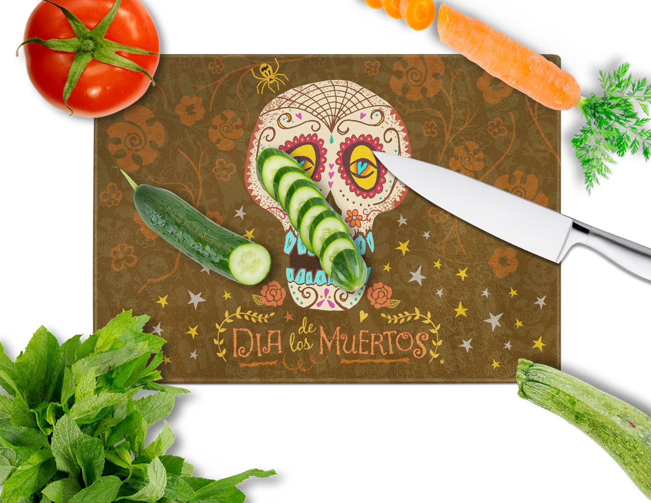Day of the Dead Cutting Board Tempered Glass Kitchen Cutting Surface, Heat Resistant Chopping, Non-Slip Feet, Food Prep & Serving