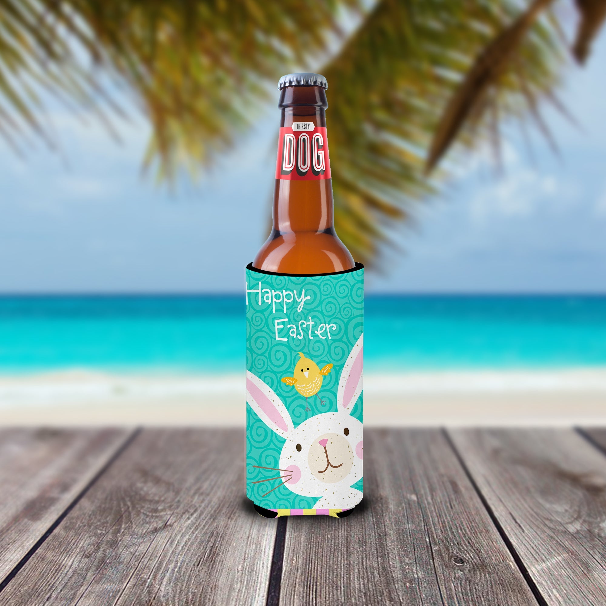 Happy Easter Rabbit Slim Can Hugger , Insulated Foam Hugger for 12 oz Slim Cans, Beer Bottles & Water Bottles, Printed in USA