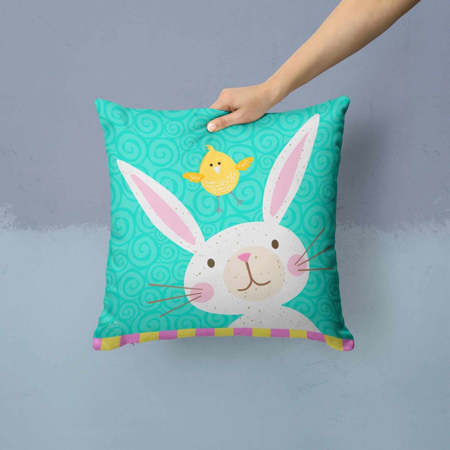 Happy Easter Rabbit Decorative Throw Pillow 14x14 Indoor Outdoor Accent Cushion, Fabric Cover with Insert for Sofa, Bed, Porch & Living Room
