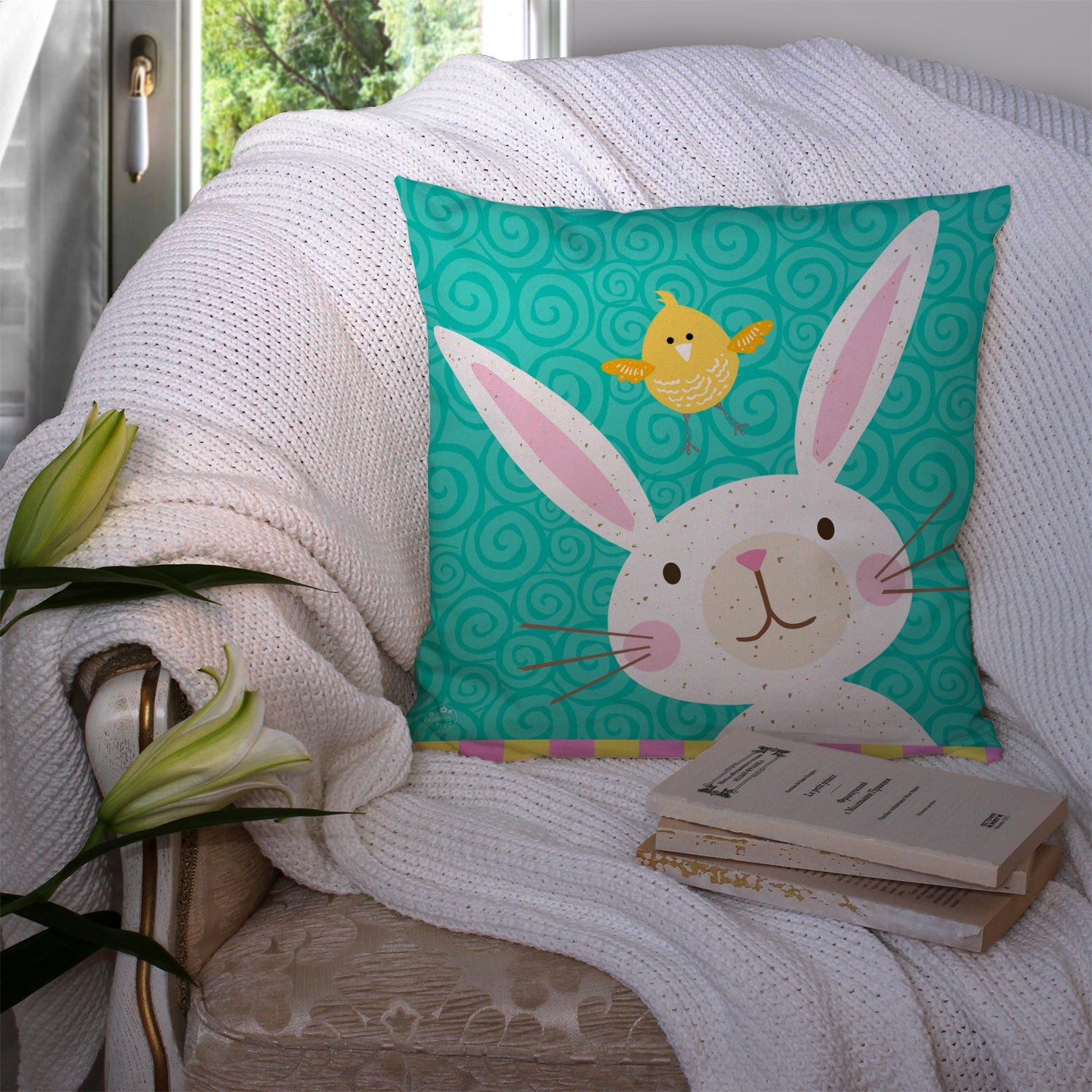 Happy Easter Rabbit Decorative Throw Pillow 14x14 Indoor Outdoor Accent Cushion, Fabric Cover with Insert for Sofa, Bed, Porch & Living Room