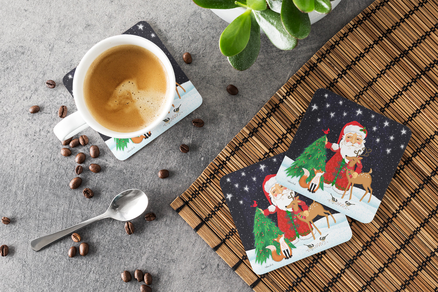 Santa Claus Christmas Foam Coasters Set of 4 Cup Coasters for Indoor Outdoor, Tabletop Protection, Anti Slip, Mouse pad Material