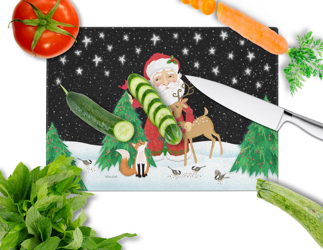 Santa Claus Christmas Cutting Board Tempered Glass Kitchen Cutting Surface, Heat Resistant Chopping, Non-Slip Feet, Food Prep & Serving