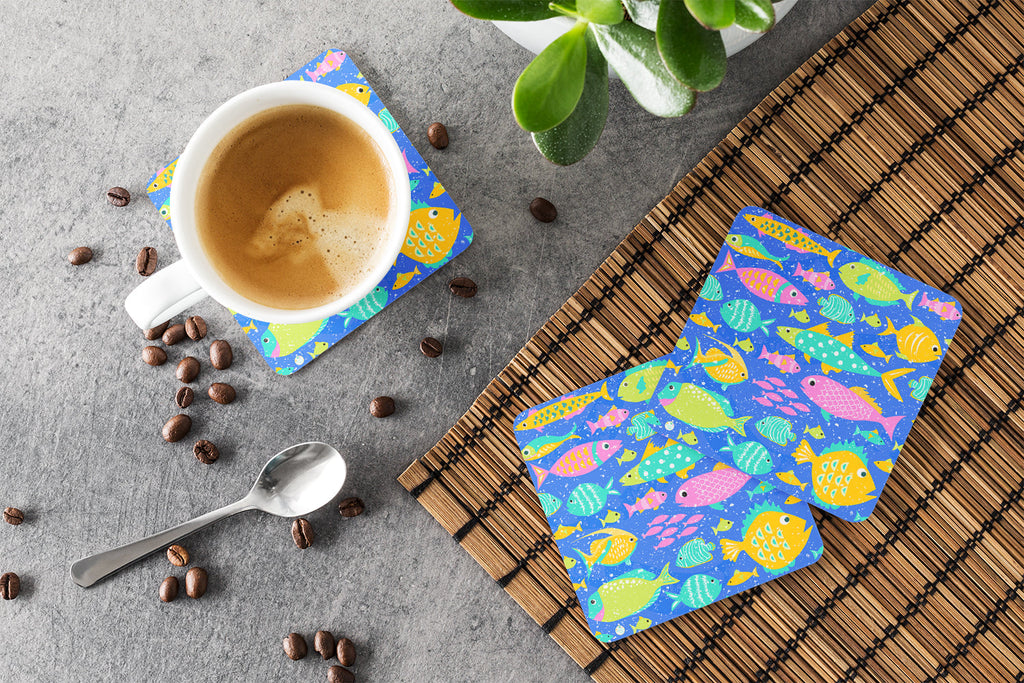 Little Colorful Fishes Foam Coasters Set of 4 Cup Coasters for Indoor Outdoor, Tabletop Protection, Anti Slip, Mouse pad Material