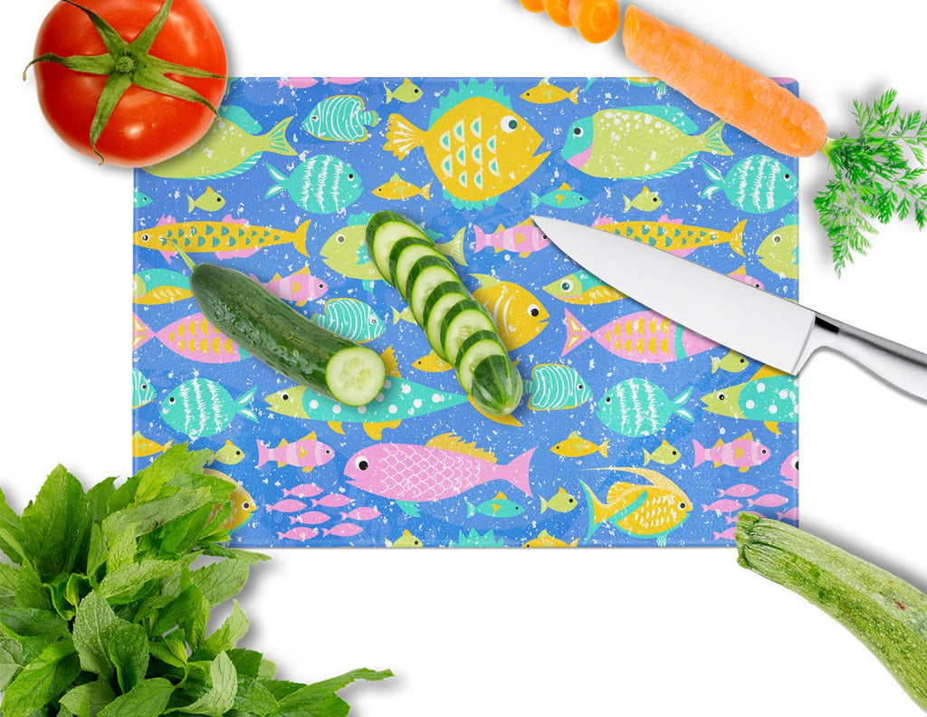Little Colorful Fishes Cutting Board Tempered Glass Kitchen Cutting Surface, Heat Resistant Chopping, Non-Slip Feet, Food Prep & Serving