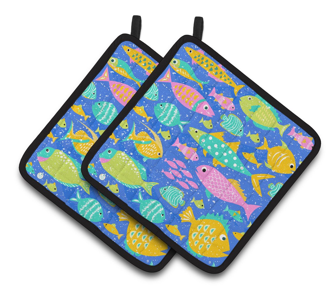 Little Colorful Fishes Pot Holder Set of 2 Heat Resistant Quilted Hot Pads 7.5 x 7.5 Inch, Insulated Kitchen Trivets for Cooking & Baking