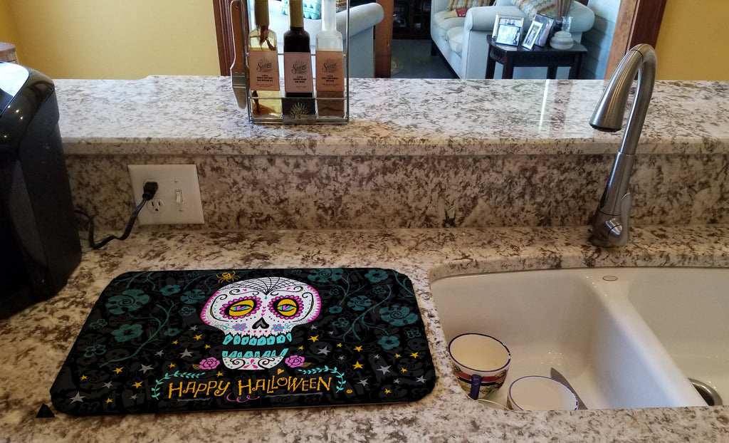 Happy Halloween Day of the Dead Dish Drying Mat Absorbent Dish Drying Mat Pad for Kitchen Counter Dish Drainer Mat for Countertop, 14 x 21", Multicolor