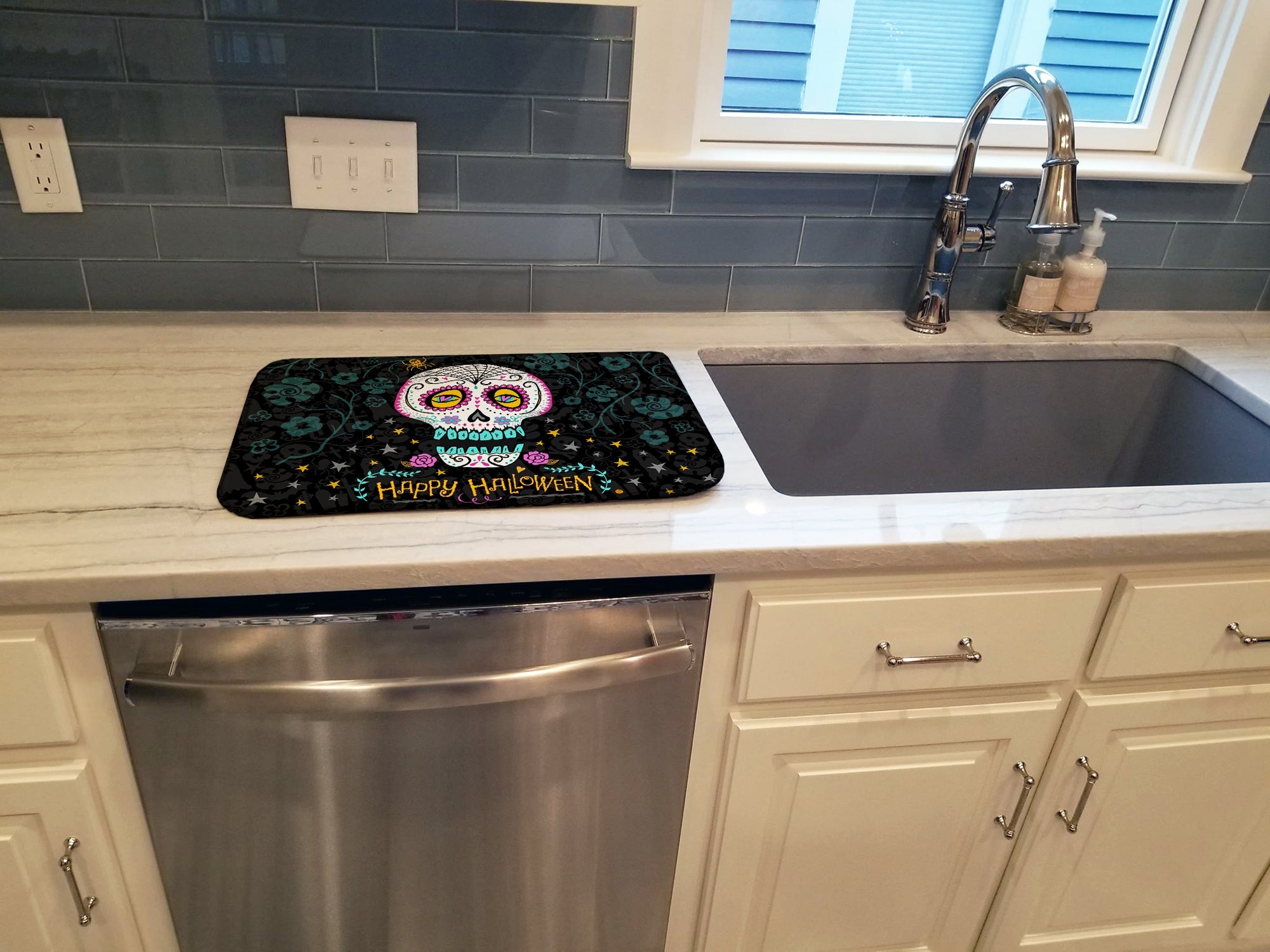 Happy Halloween Day of the Dead Dish Drying Mat Absorbent Dish Drying Mat Pad for Kitchen Counter Dish Drainer Mat for Countertop, 14 x 21", Multicolor