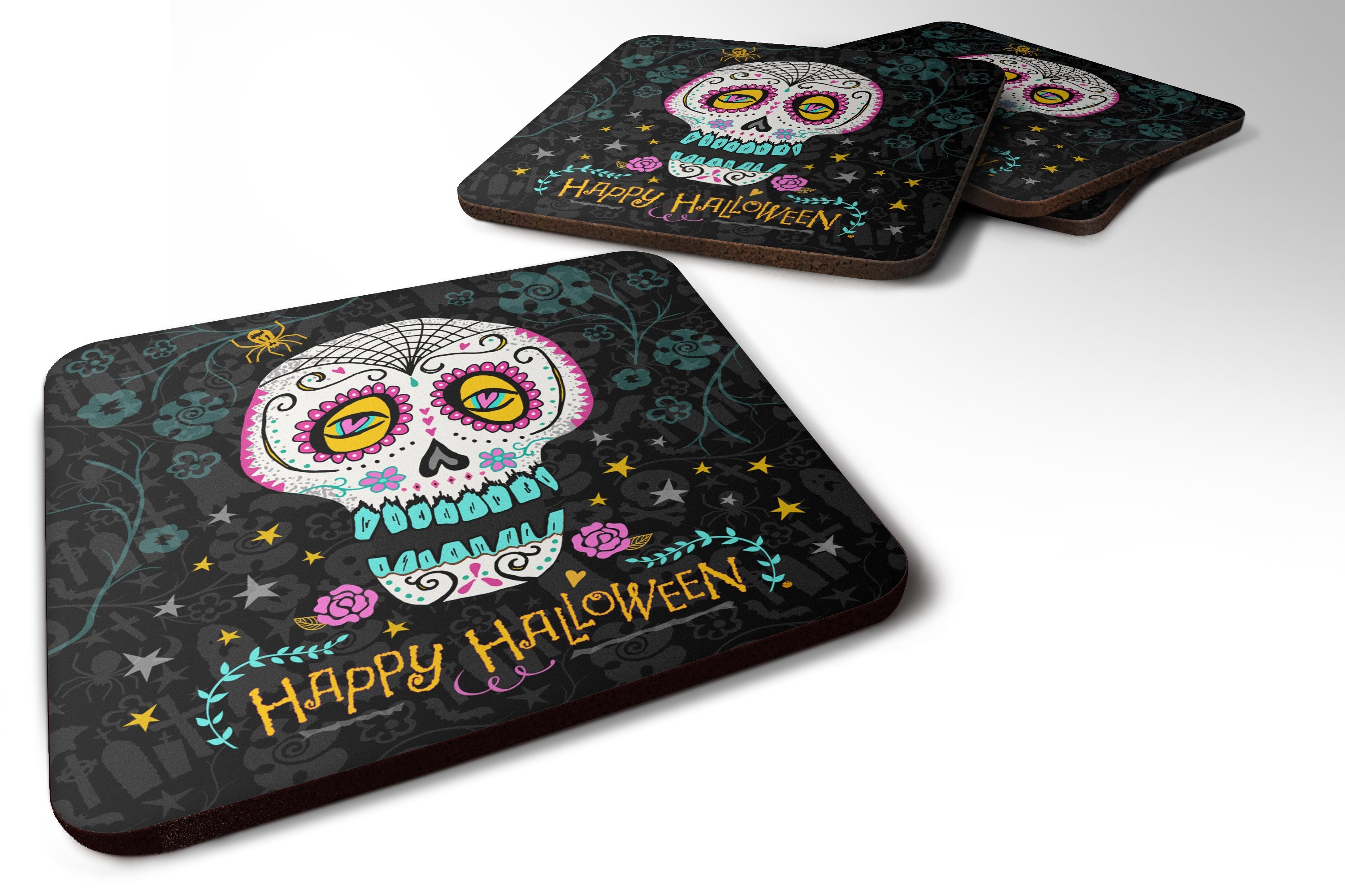 Happy Halloween Day of the Dead Foam Coasters Set of 4 Cup Coasters for Indoor Outdoor, Tabletop Protection, Anti Slip, Mouse pad Material