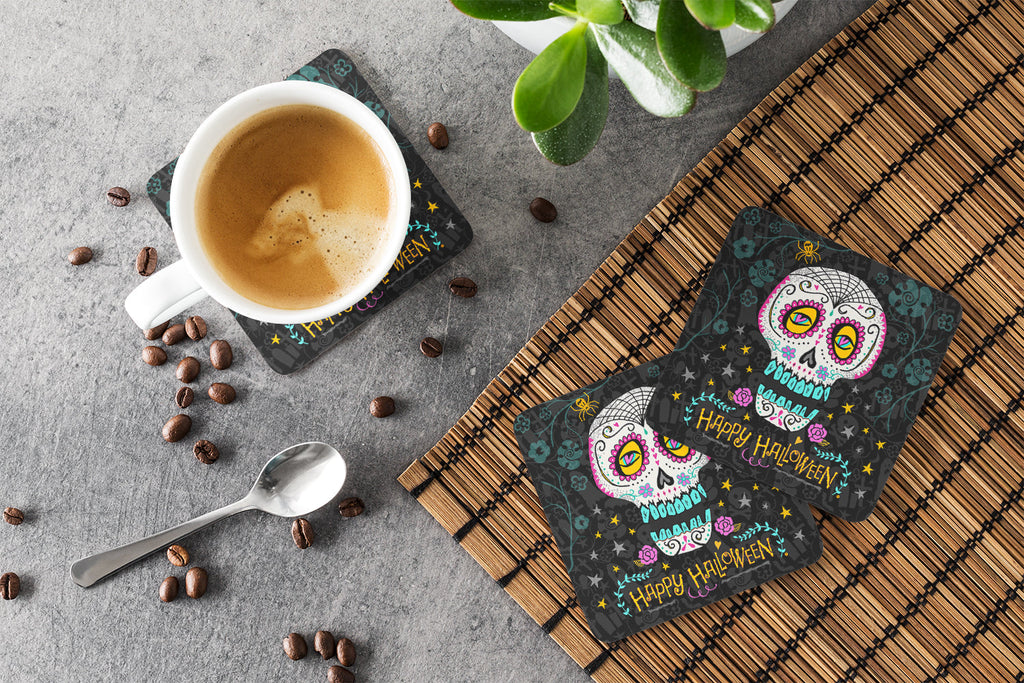 Happy Halloween Day of the Dead Foam Coasters Set of 4 Cup Coasters for Indoor Outdoor, Tabletop Protection, Anti Slip, Mouse pad Material