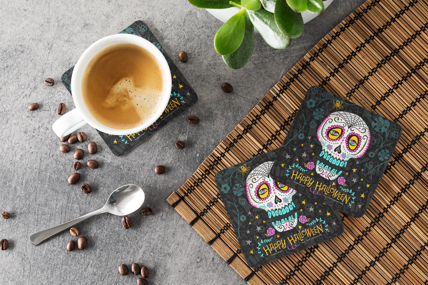 Happy Halloween Day of the Dead Foam Coasters Set of 4 Cup Coasters for Indoor Outdoor, Tabletop Protection, Anti Slip, Mouse pad Material