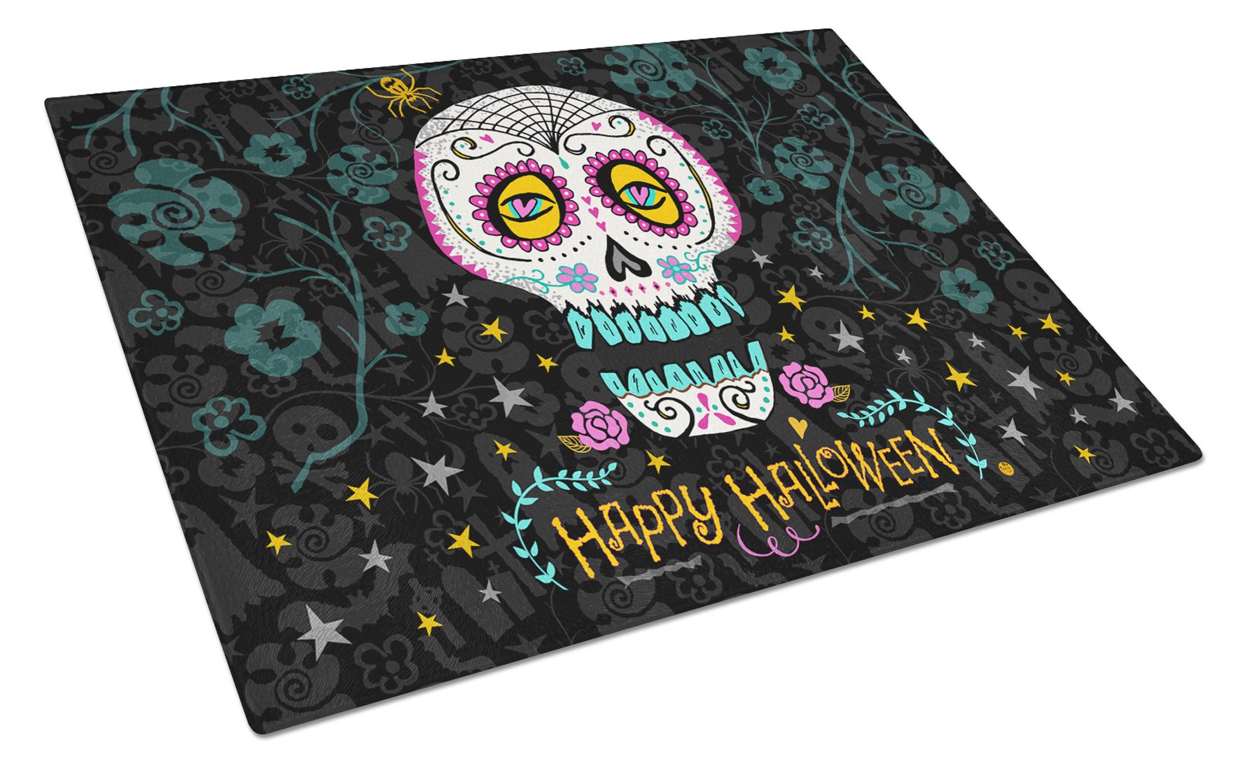 Happy Halloween Day of the Dead Cutting Board Tempered Glass Kitchen Cutting Surface, Heat Resistant Chopping, Non-Slip Feet, Food Prep & Serving