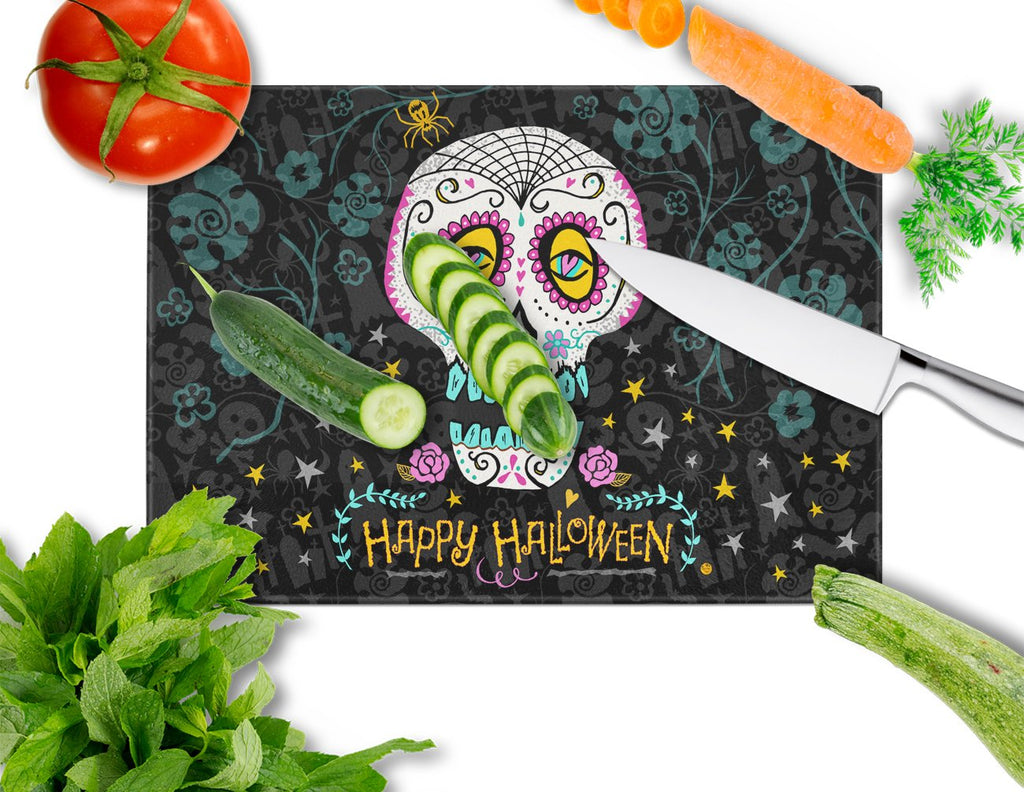 Happy Halloween Day of the Dead Cutting Board Tempered Glass Kitchen Cutting Surface, Heat Resistant Chopping, Non-Slip Feet, Food Prep & Serving