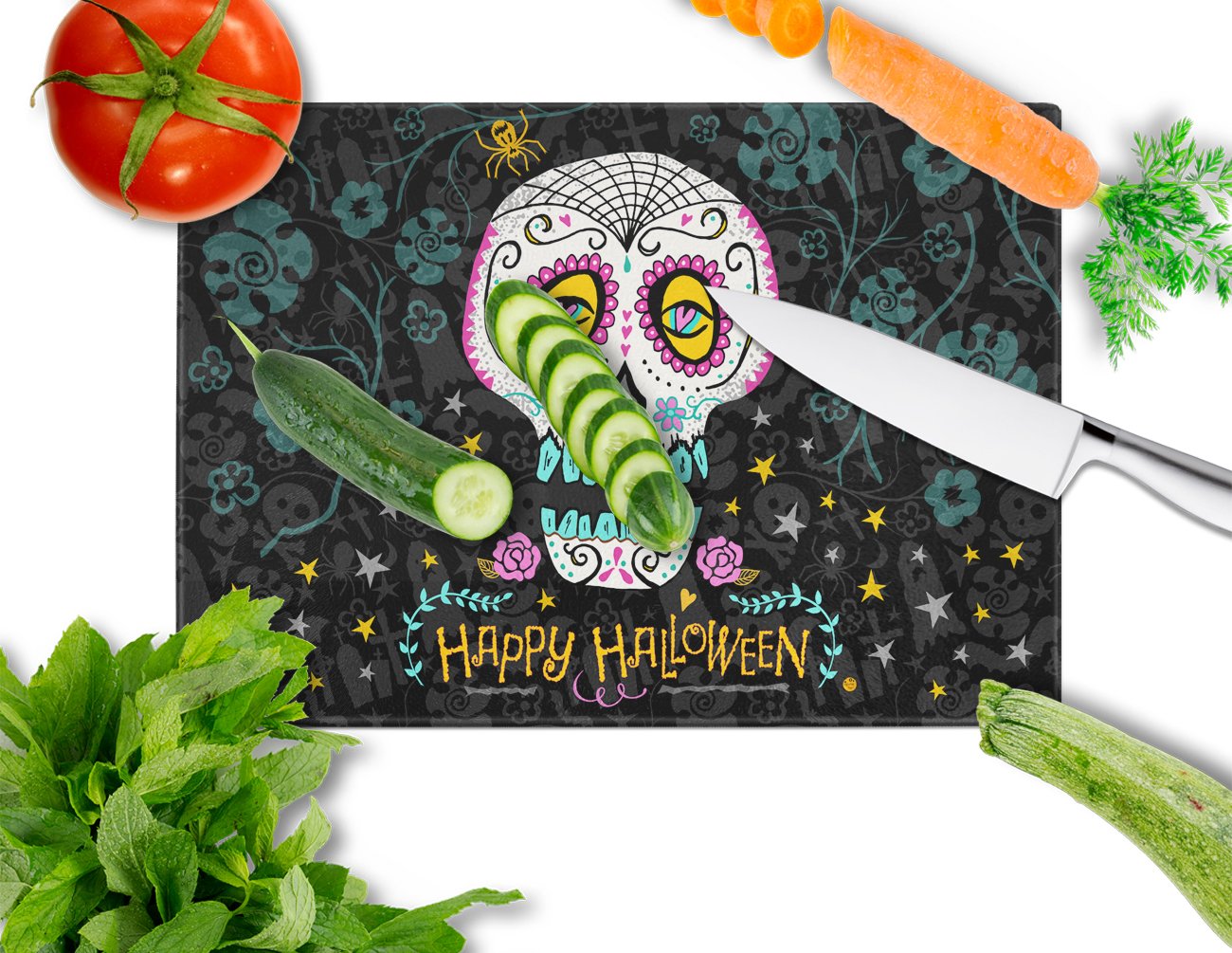 Happy Halloween Day of the Dead Cutting Board Tempered Glass Kitchen Cutting Surface, Heat Resistant Chopping, Non-Slip Feet, Food Prep & Serving