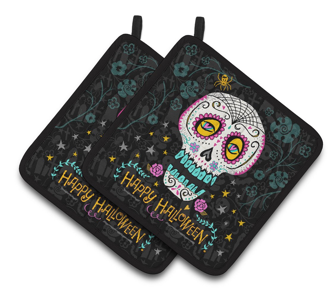 Happy Halloween Day of the Dead Pot Holder Set of 2 Heat Resistant Quilted Hot Pads 7.5 x 7.5 Inch, Insulated Kitchen Trivets for Cooking & Baking