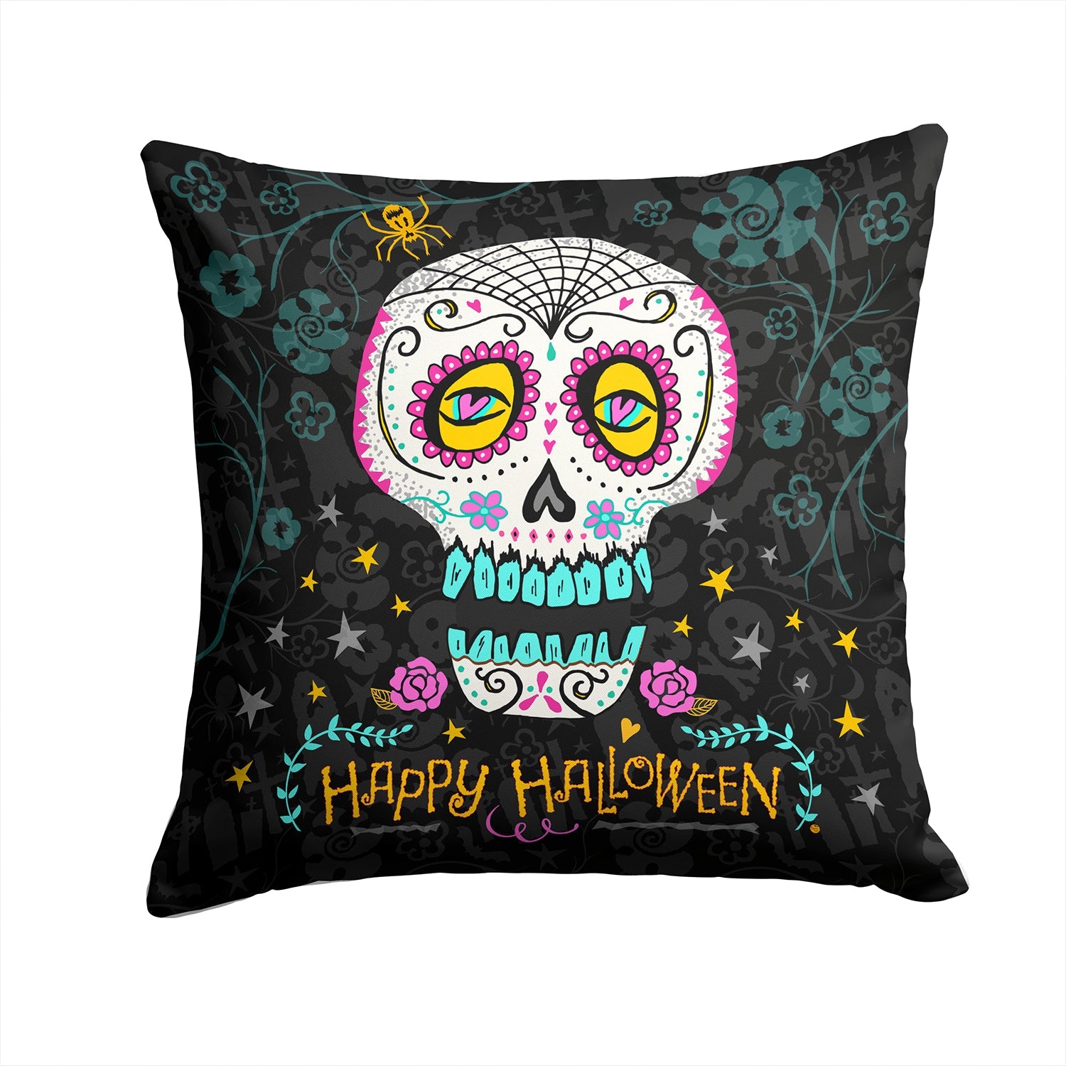 Happy Halloween Day of the Dead Decorative Throw Pillow 14x14 Indoor Outdoor Accent Cushion, Fabric Cover with Insert for Sofa, Bed, Porch & Living Room