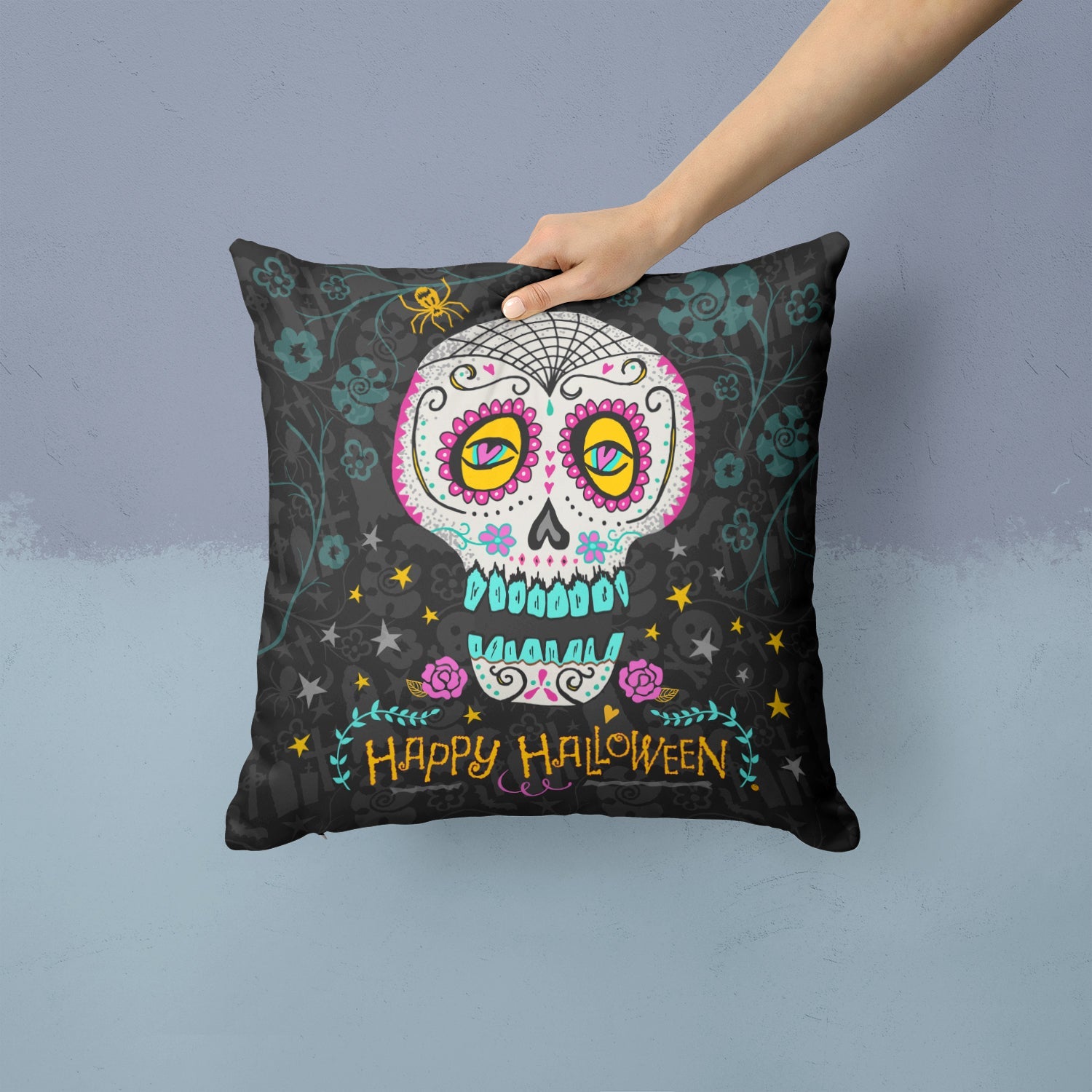 Happy Halloween Day of the Dead Decorative Throw Pillow 14x14 Indoor Outdoor Accent Cushion, Fabric Cover with Insert for Sofa, Bed, Porch & Living Room