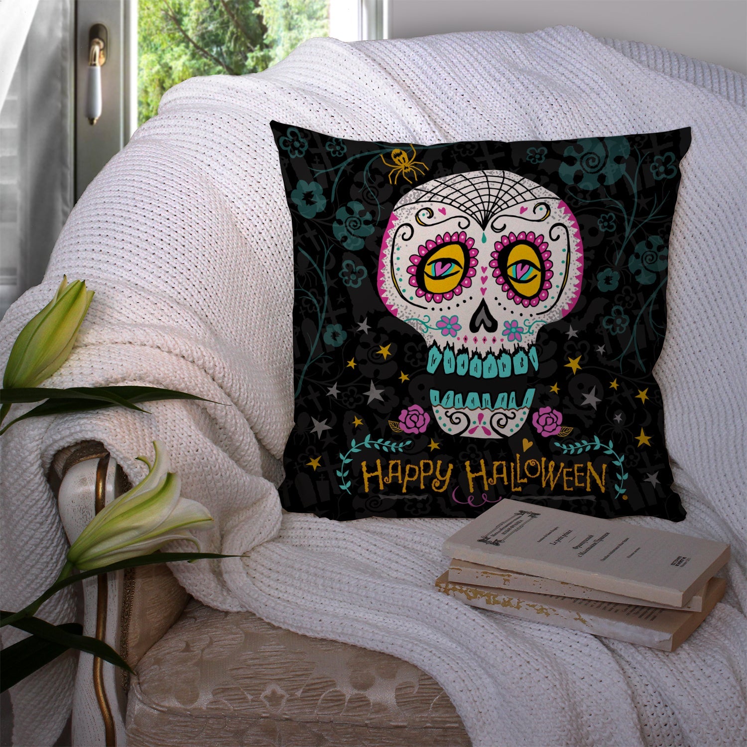 Happy Halloween Day of the Dead Decorative Throw Pillow 14x14 Indoor Outdoor Accent Cushion, Fabric Cover with Insert for Sofa, Bed, Porch & Living Room