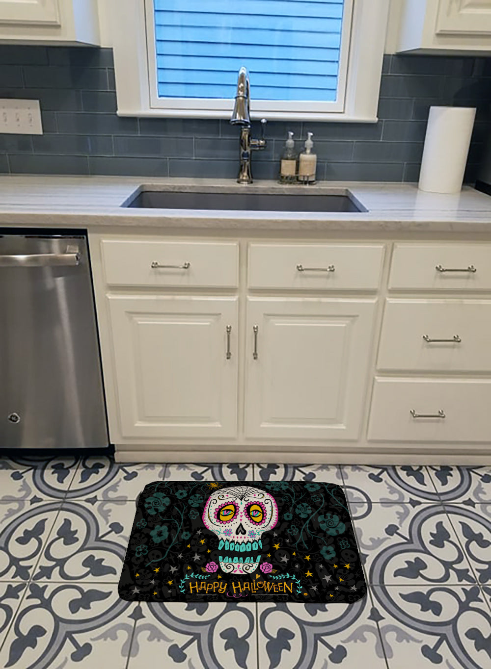 Happy Halloween Day of the Dead Memory Foam Kitchen Mat Machine Washable Anti-Fatigue Cushion Comfort Bath or Kitchen Rug